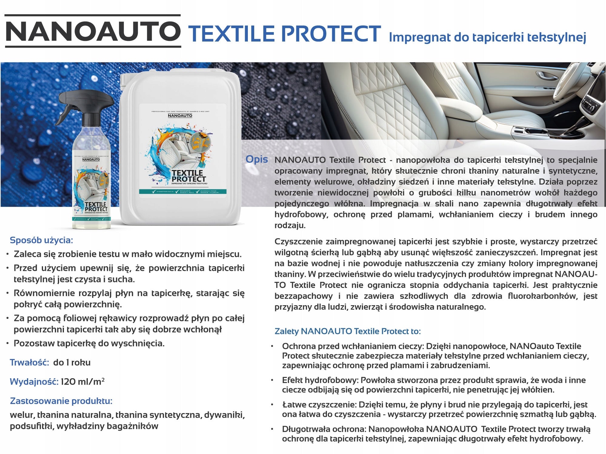 Impregnation for textile upholstery, alcantara, velour NANOAUTO 250ml - 1 year Manufacturer's catalog number LS.03.250