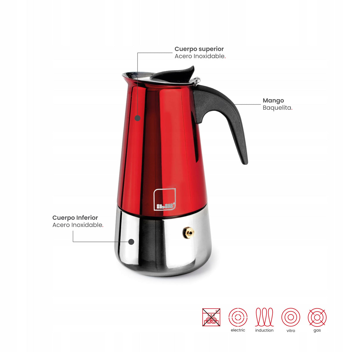 Induction Coffee Maker 10 Cups 460 Ml Red Moka Model Moca