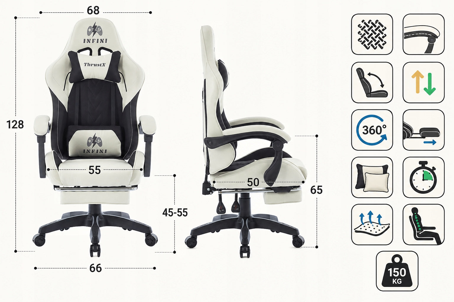 Infini ThrustX Gaming Chair with Footrest Black-Cream Brand Infini