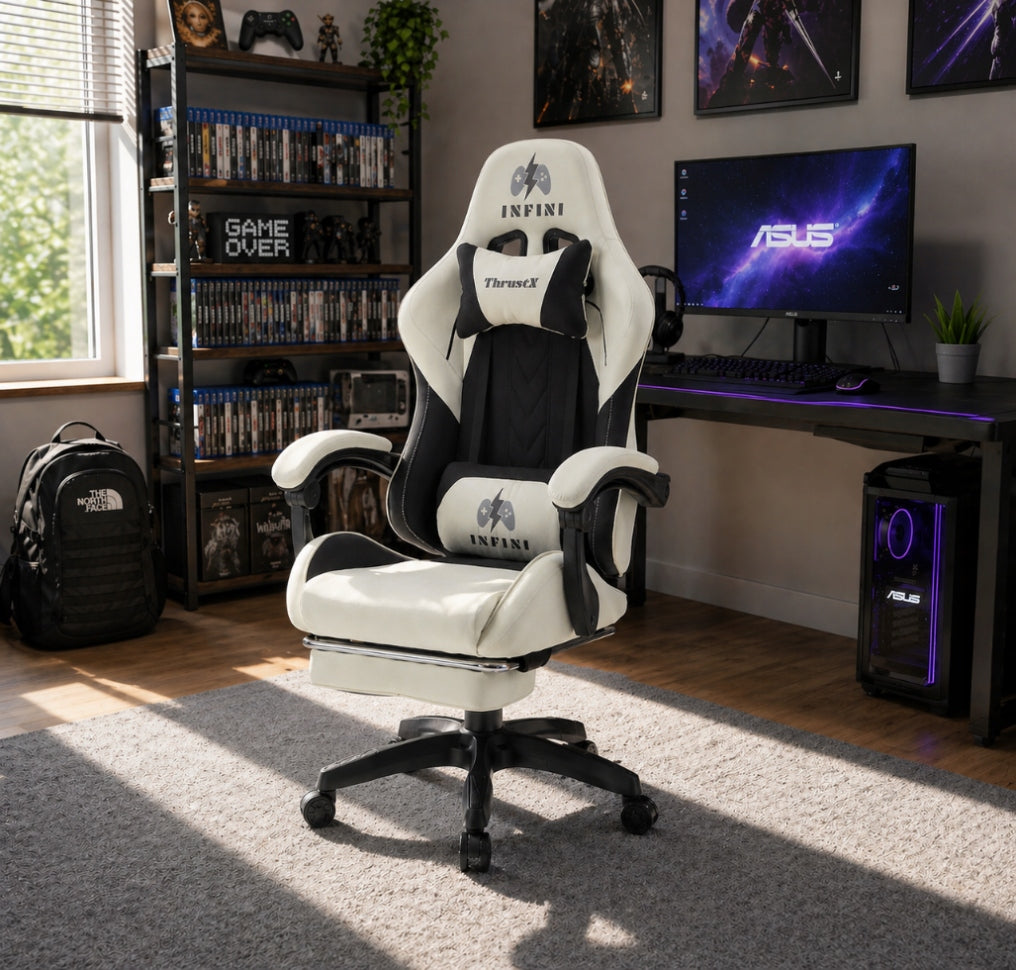 Infini ThrustX Gaming Chair with Footrest Black-Cream Packaging status original