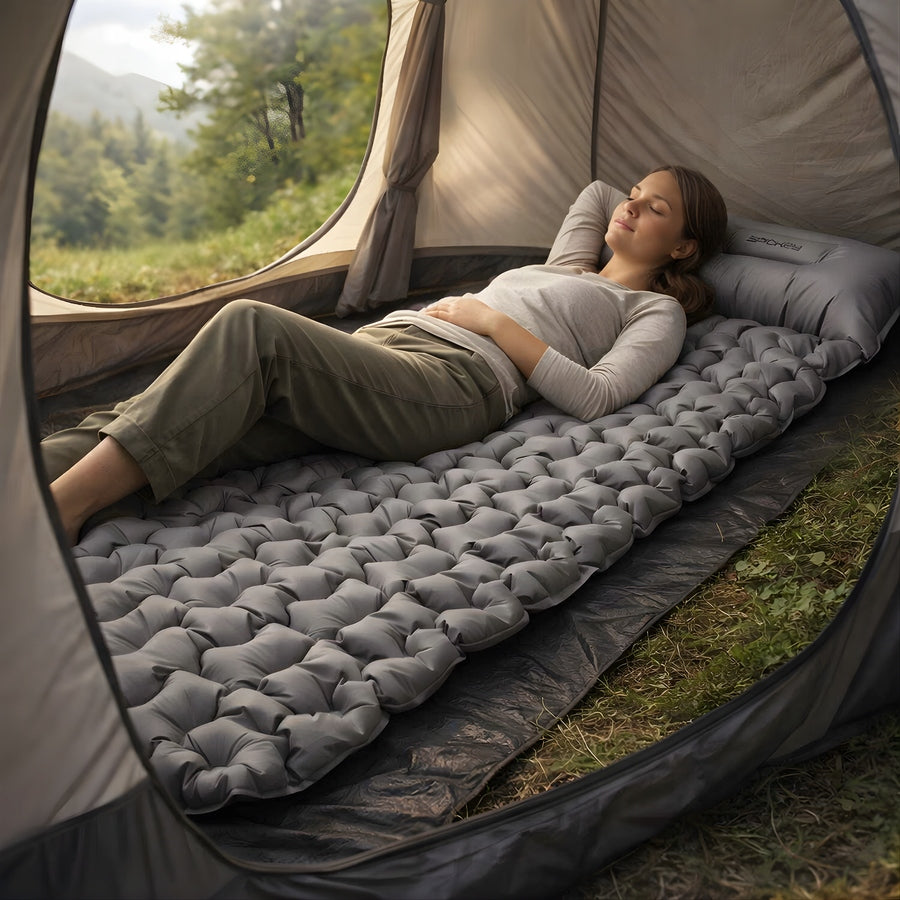 Inflatable Hiking Mattress Folding For Sleeping With Pillow Thick 213x62x6cm Color gray