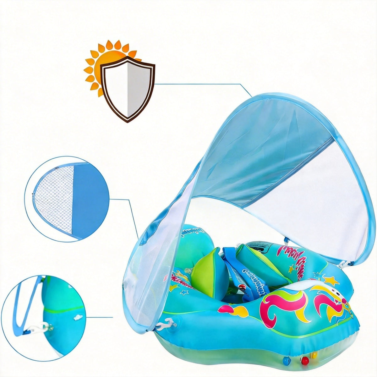 Inflatable Infant Swimming Wheel with Canopy + Pump Blue Model 6900581200834