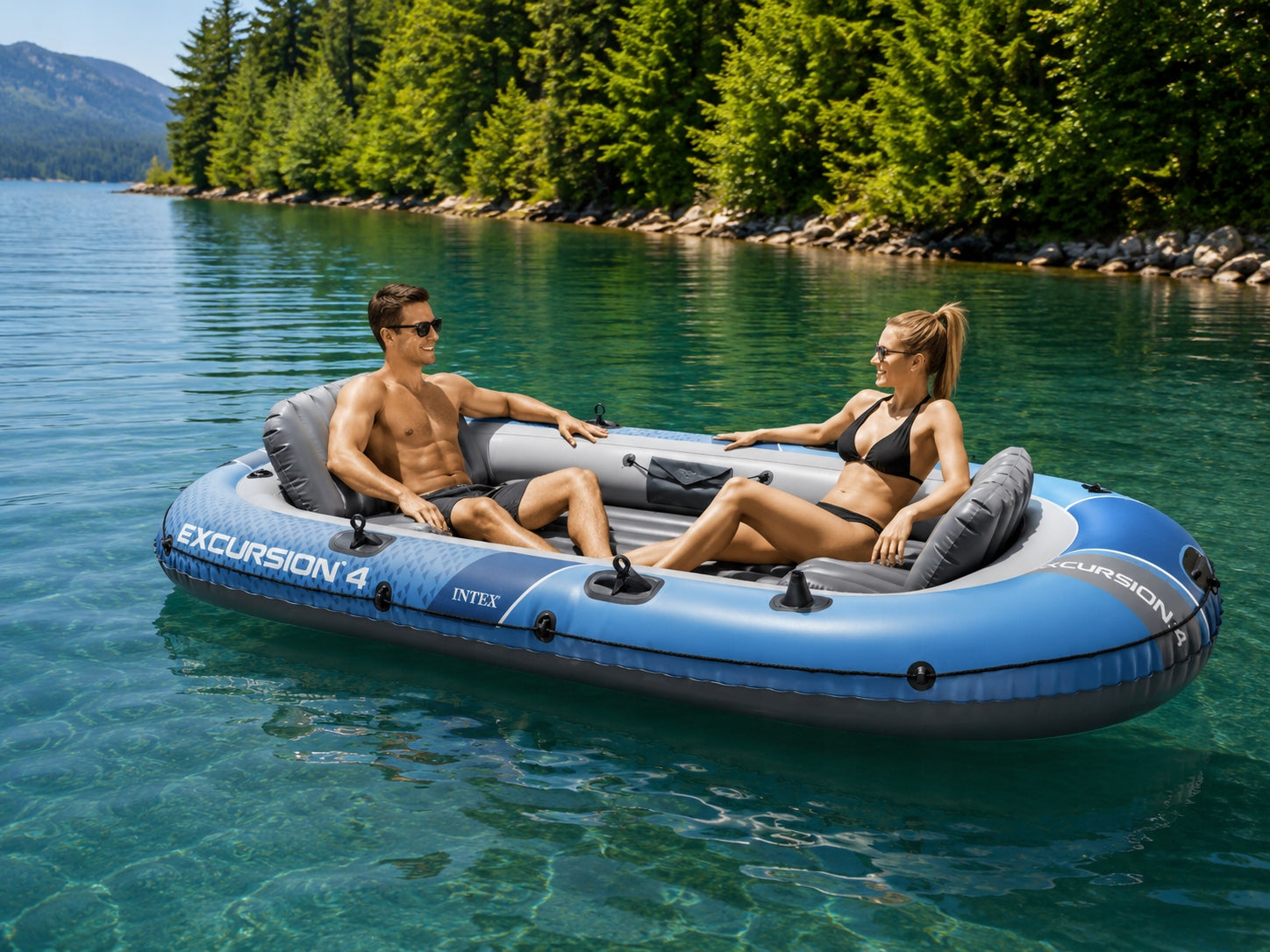 Inflatable Pontoon 4-Person 500 kg, Pump + Paddle Set Large Blue Packaging status original
