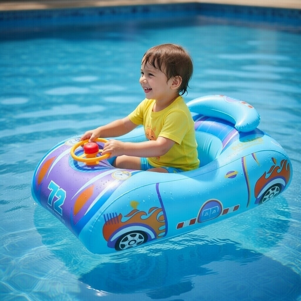 Inflatable Pontoon for Kids with Steering Wheel Swimming Wheel Auto 79cm Swimming Pool Color blue