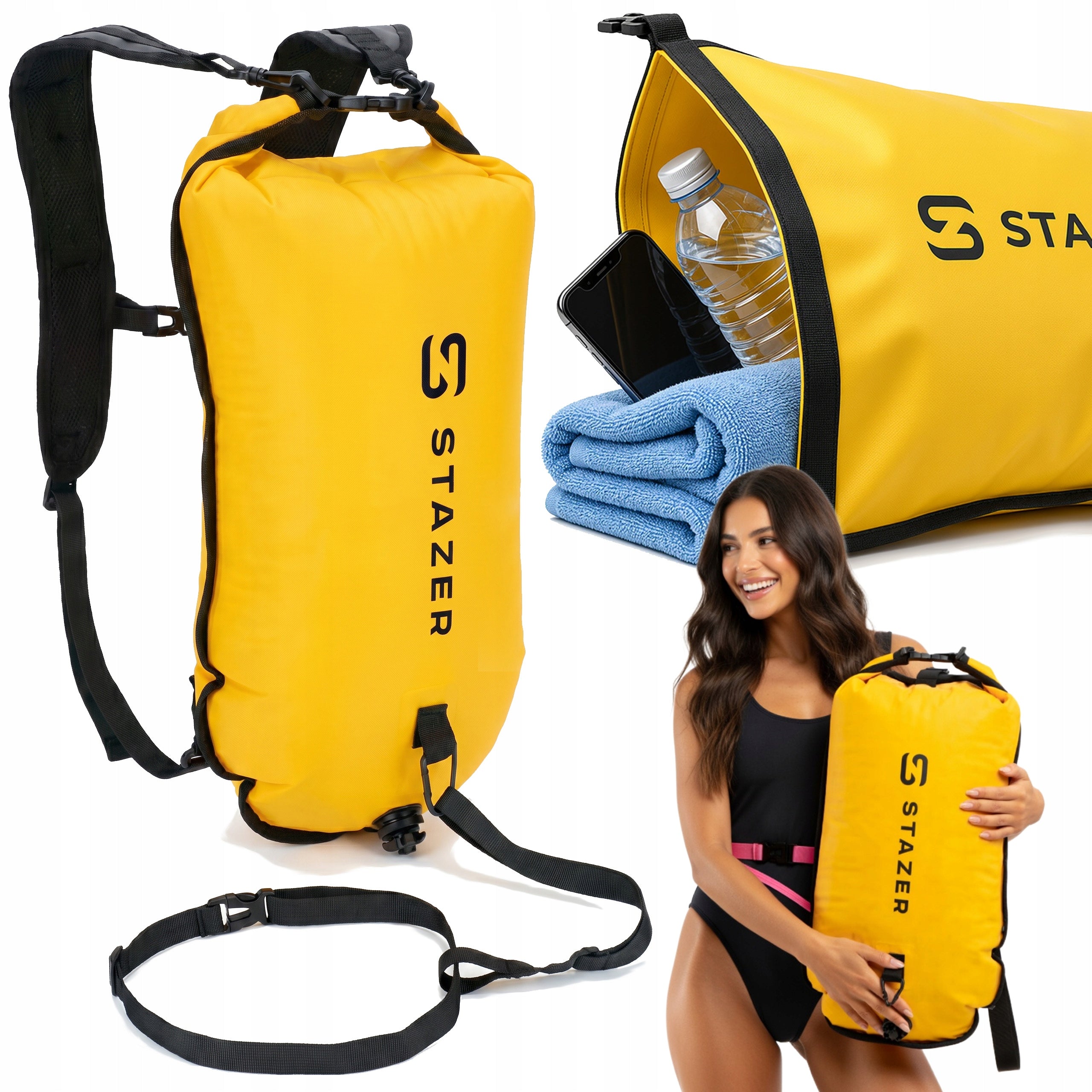 Inflatable buoy safety dry pocket for swimming backpack