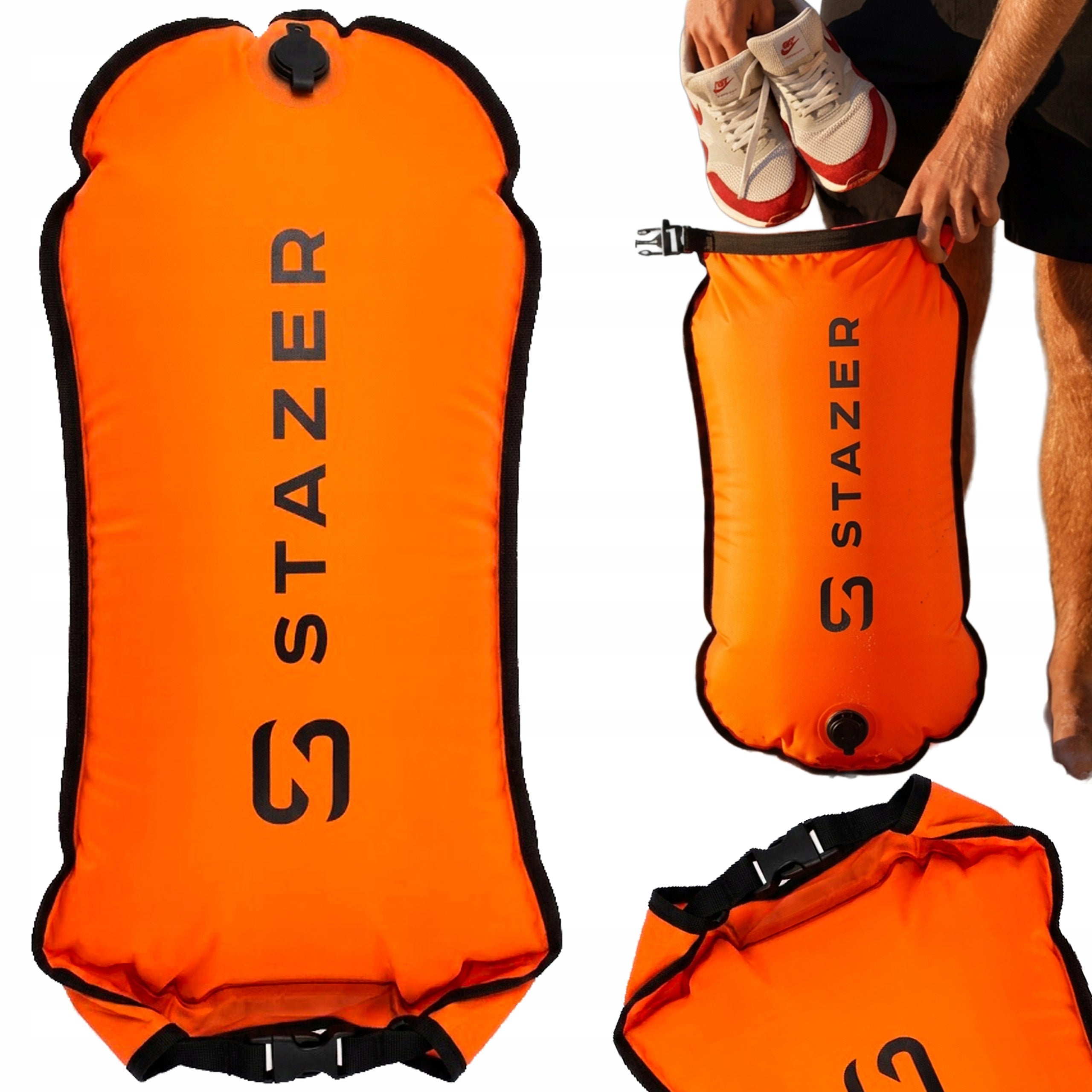 Inflatable buoy safety dry pocket for swimming board