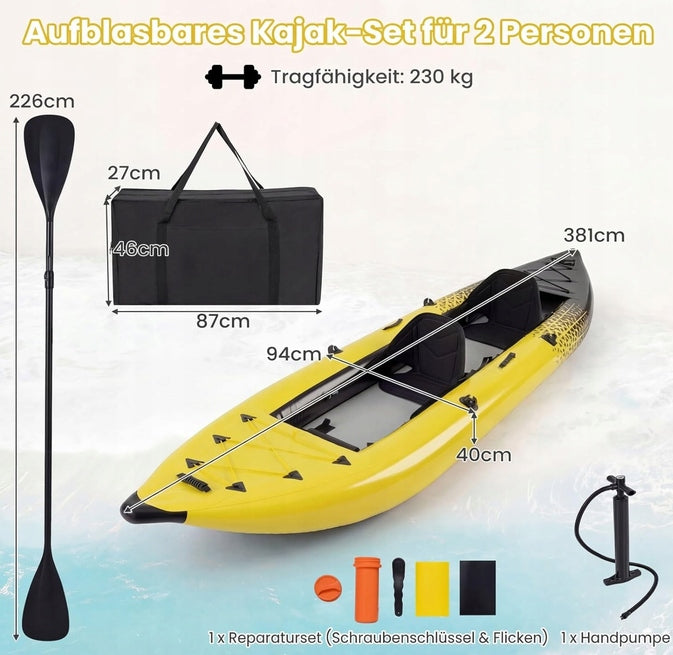 Inflatable kayak with paddles,hand pump and repair pump, 382 cm 2 seats Material pneumatic