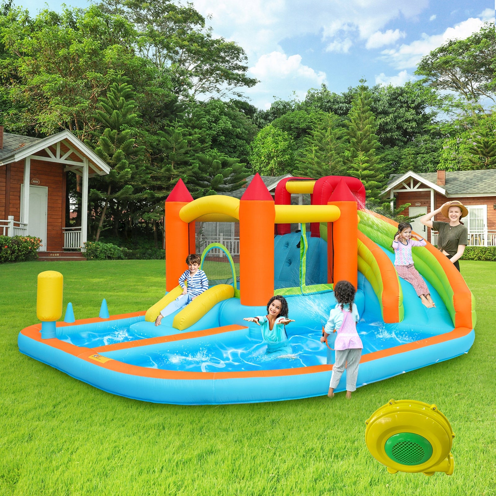 Inflatable water park for kids water slide obstacle course blower Packaging status original