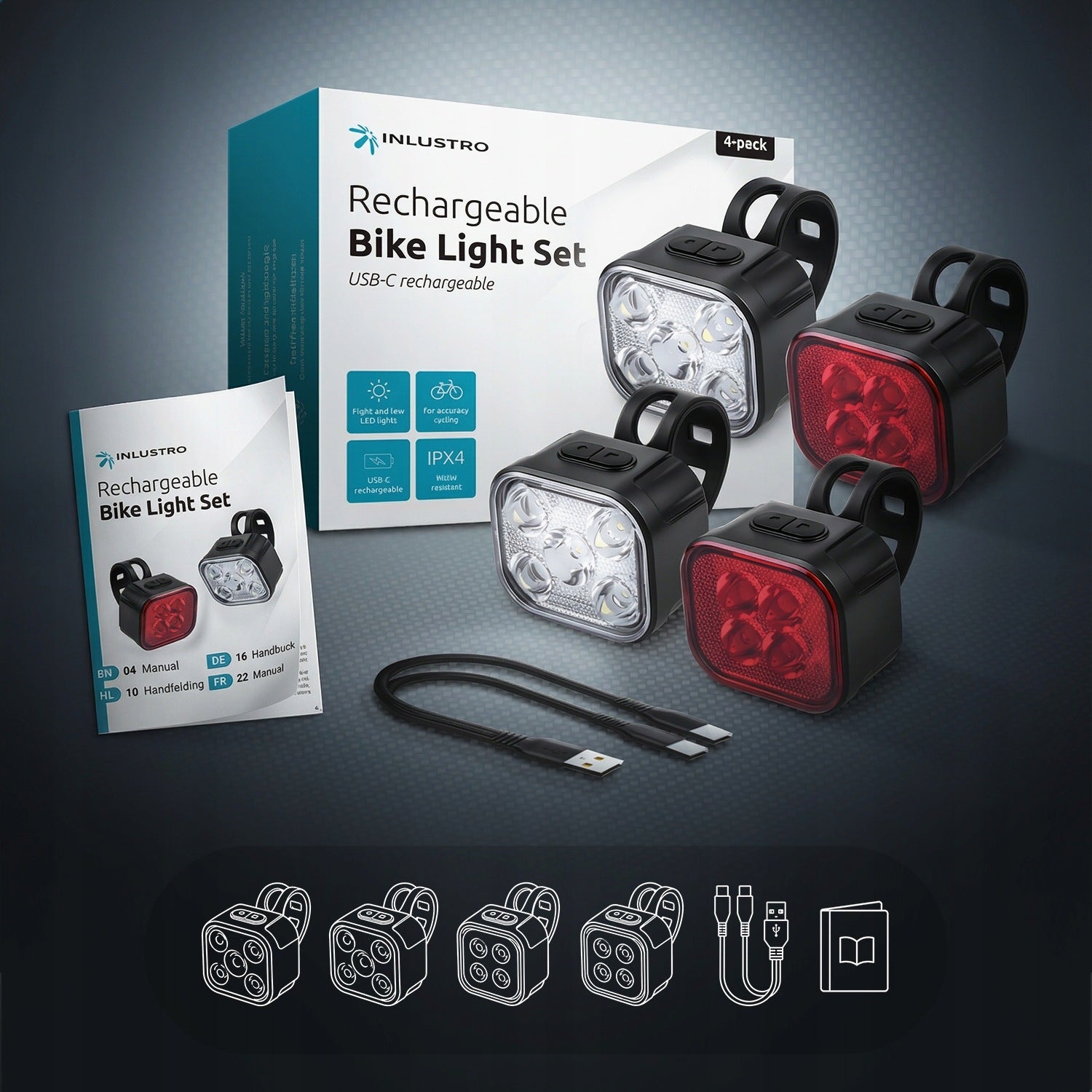Inlustro LED bicycle lights 4 pcs front rear USB-C 500 lm Brand inlustro