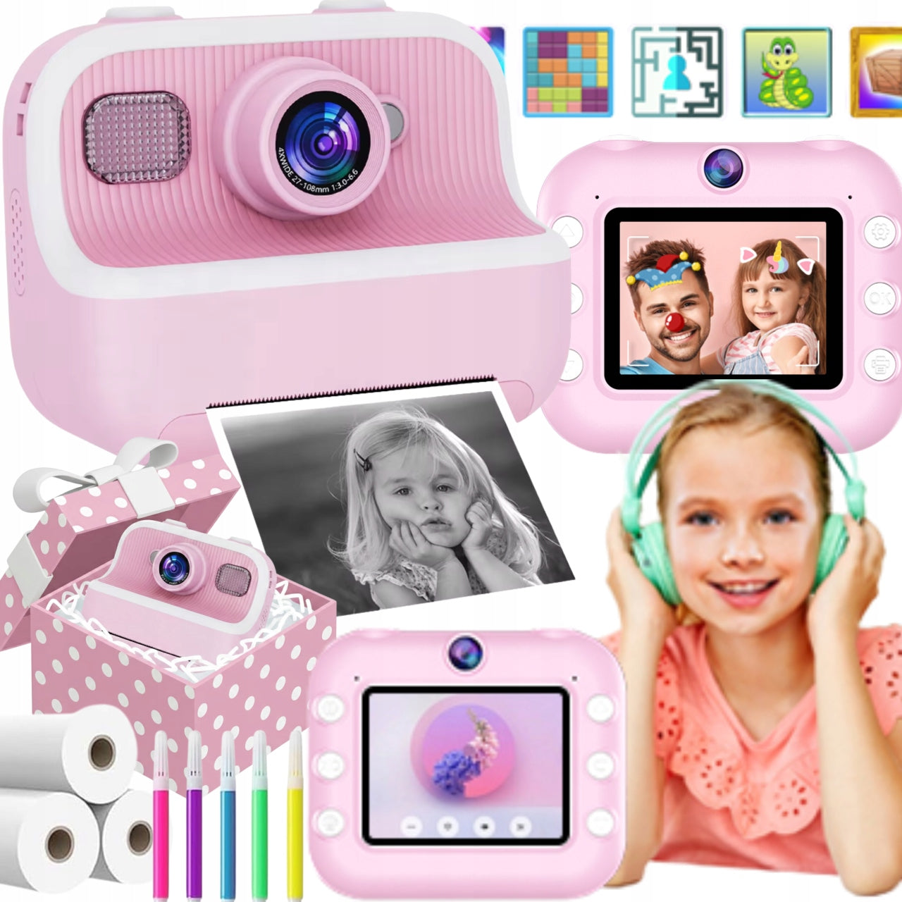 Instant Camera Pink Kids Mini Thermal Printer Game Set