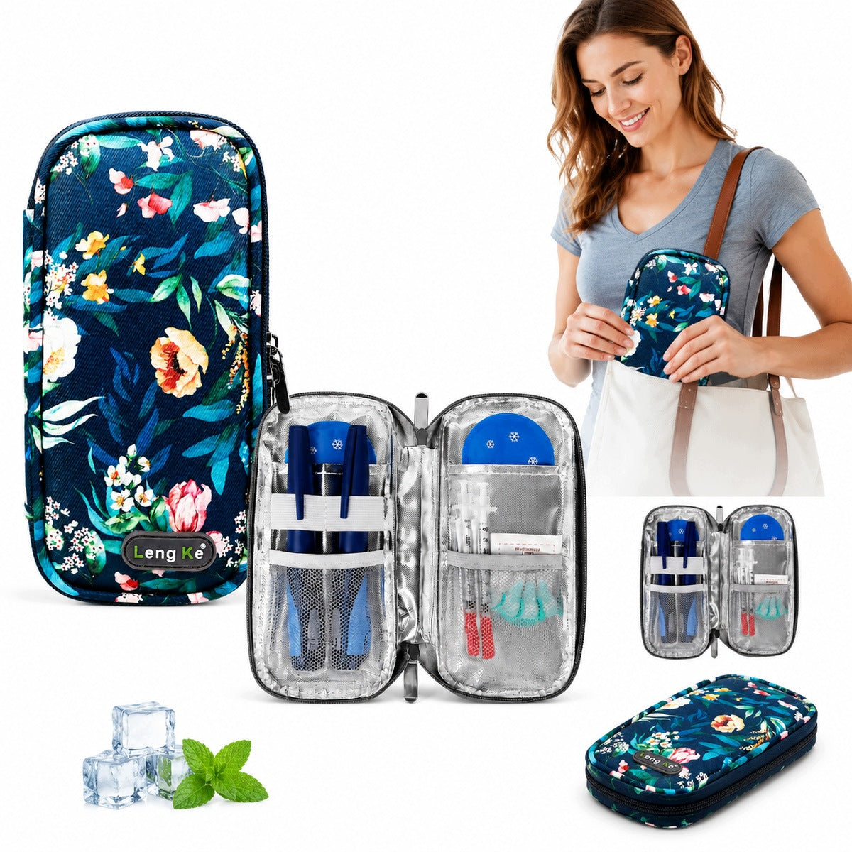 Insulin Storage Case 2 Cooling Cartridge,Blue Camellia Pattern