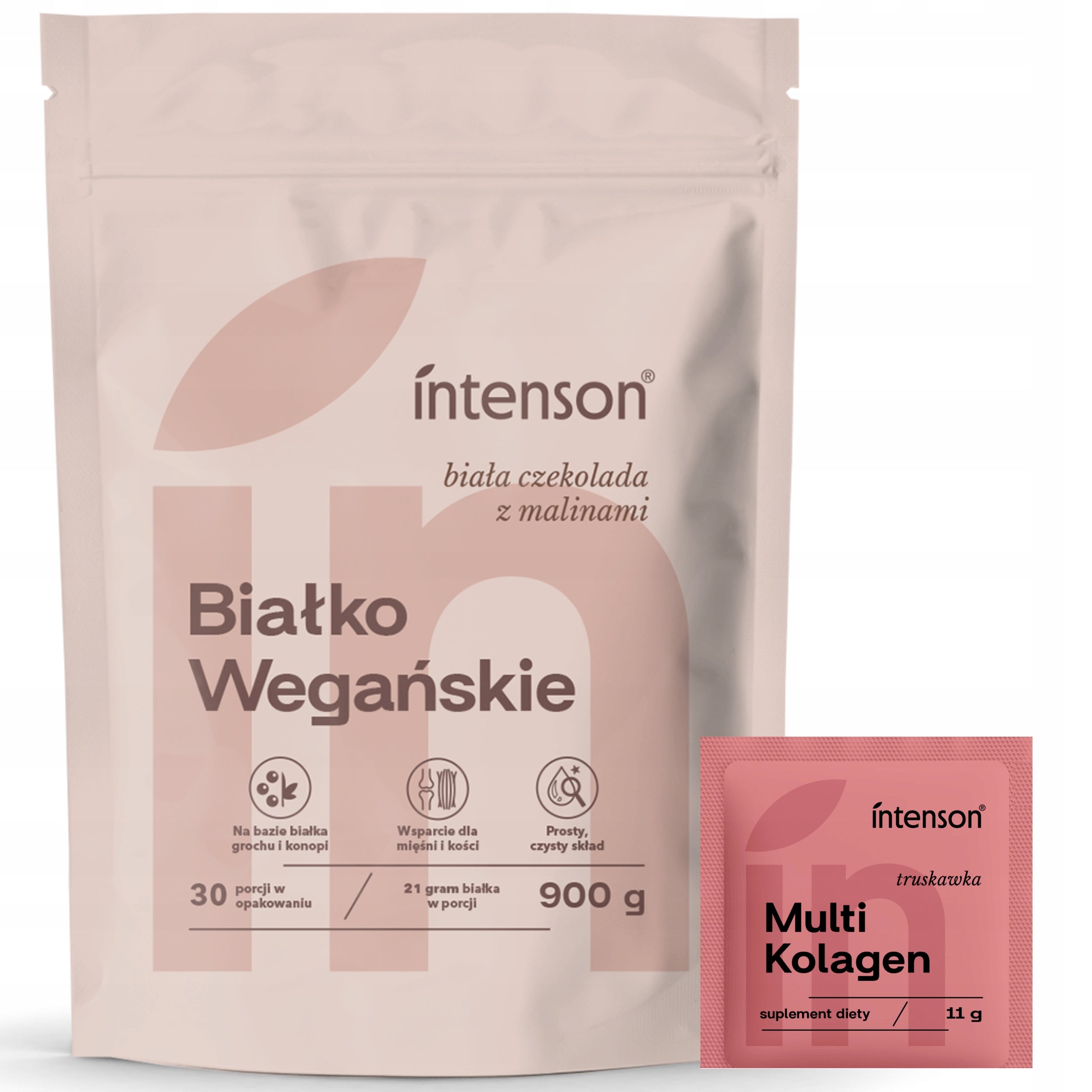 Intenson Vegan Protein White Chocolate, Raspberry 900g + Multi Collagen 11g