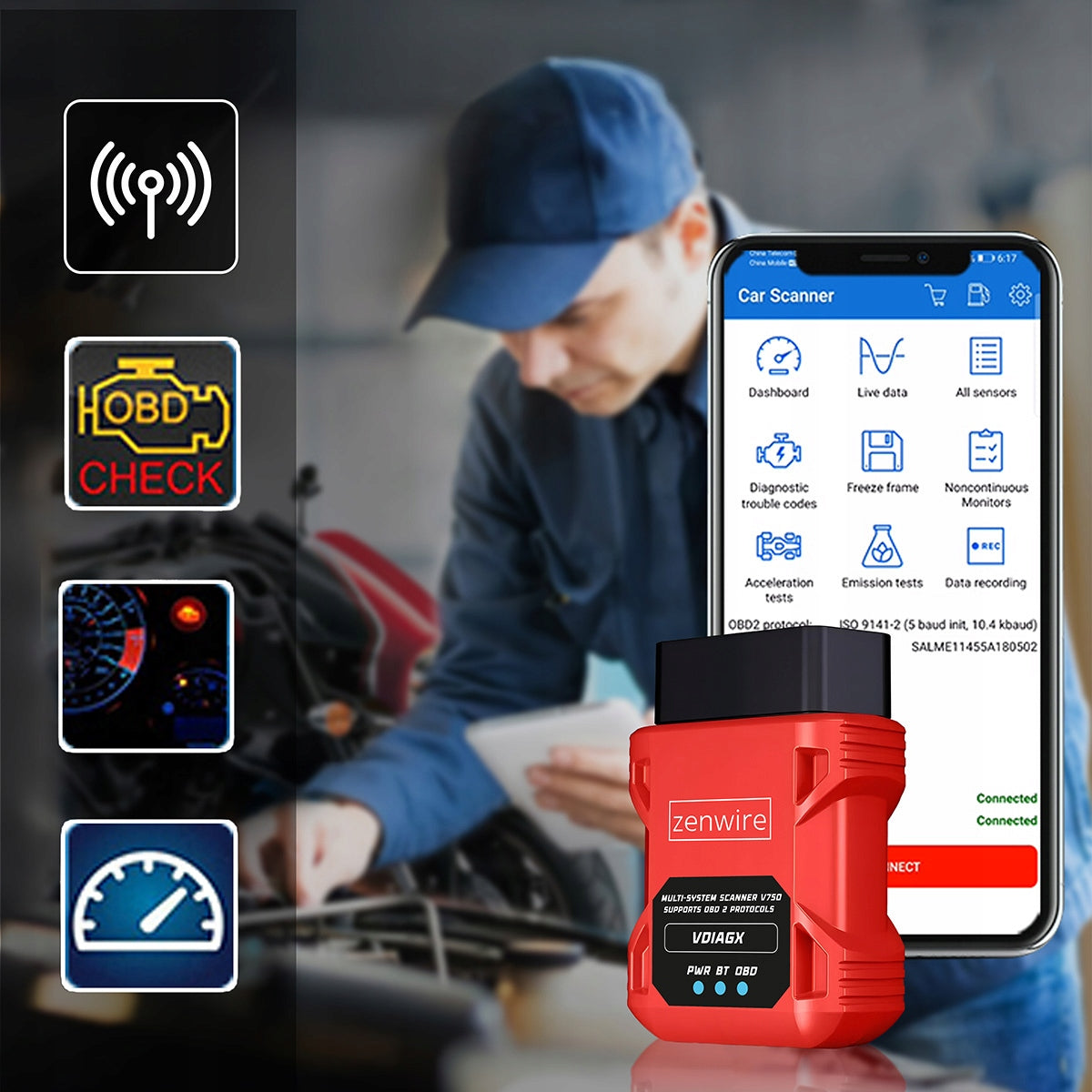 Interface Tester OBD2 Diagnostic Scanner ELM327 OBD Car Scanner Bluetooth Brand Zenwire