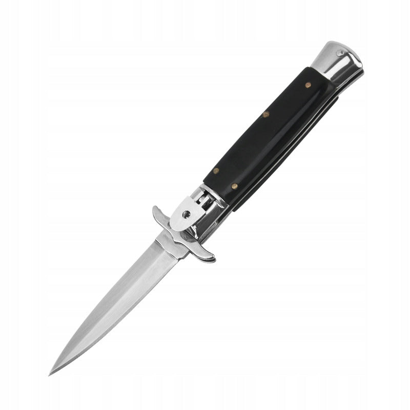 Italian Sicilian Folding Spring Knife, Stainless Steel Blade,Black Handle