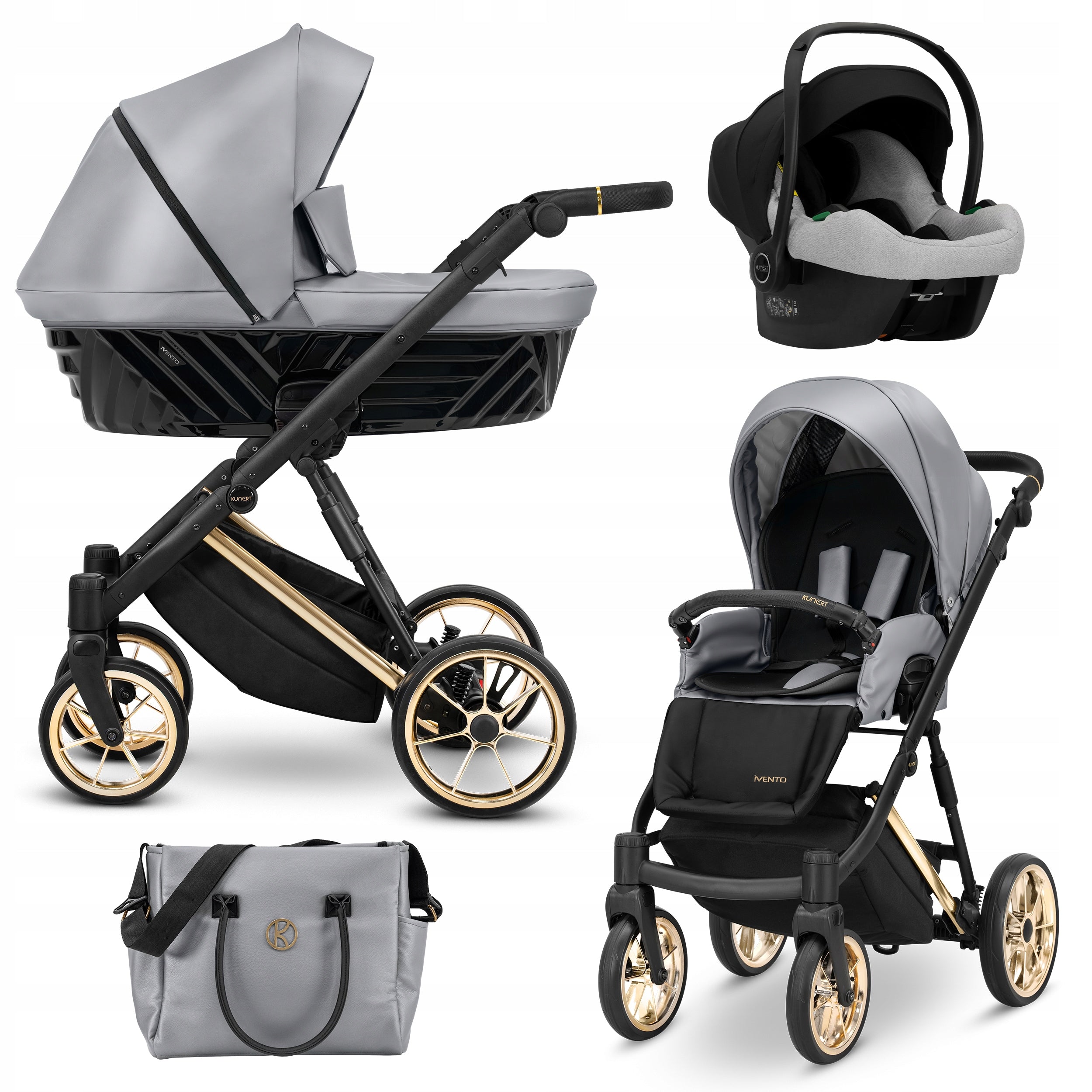 Ivento 3in1 Grey Eco-leather Metallic Premium Gold Baby Stroller Kunert