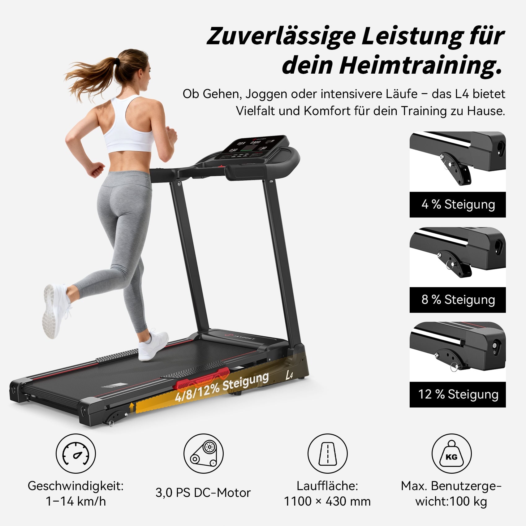 JASPORT L4 Foldable Treadmill – 3.0 HP Motor, 14 km/h, Bluetooth App Manufacturer code JAS-L4