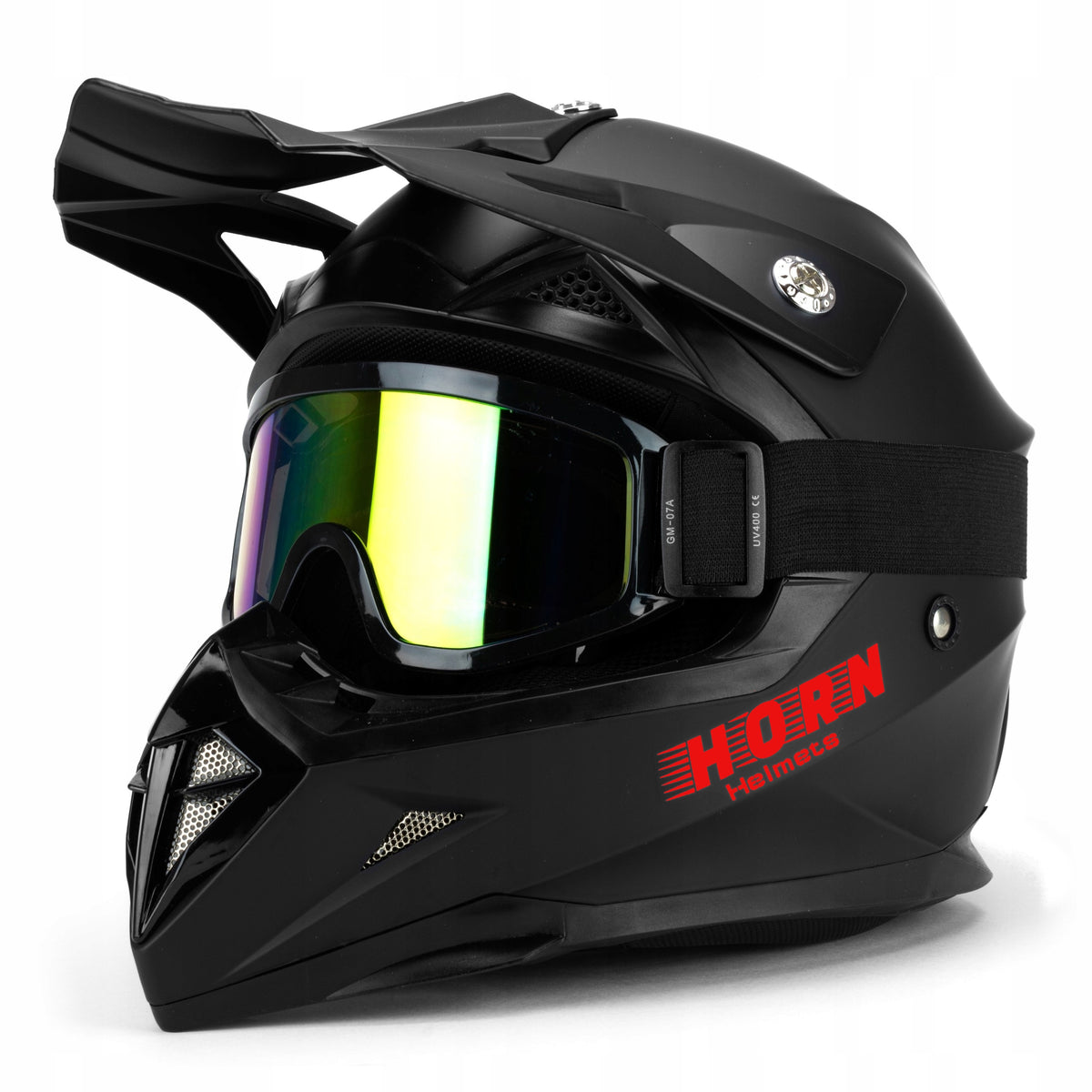JUNIOR MOTORCYCLE HELMET CROSS HORN MAT RED QUAD FOR INTERCOM + GOGGLES XS