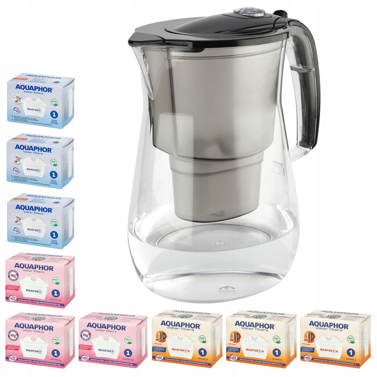 Jug AQUAPHOR ONYX black + 9 Maxfor Plus cartridges (3Mg + 3H + 3)