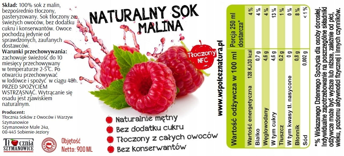 Juice with RASPBERRIES 100% RASPBERRY NFC natural 900ML Manufacturer code TS-MALINA-100%-900ml