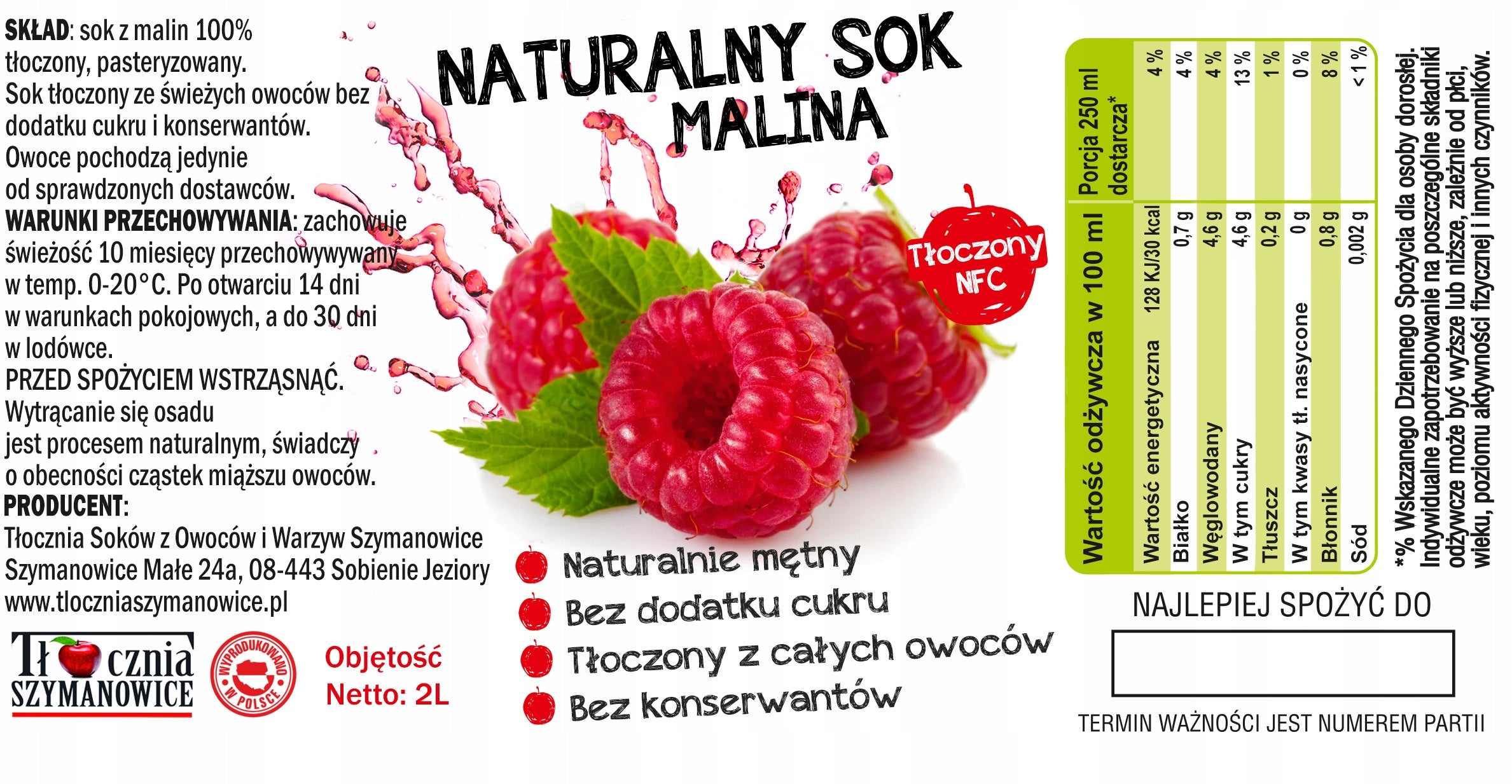 Juice with RASPBERRY 100% RASPBERRY NFCpressed natural 2l Manufacturer code TS-MALINA-2L