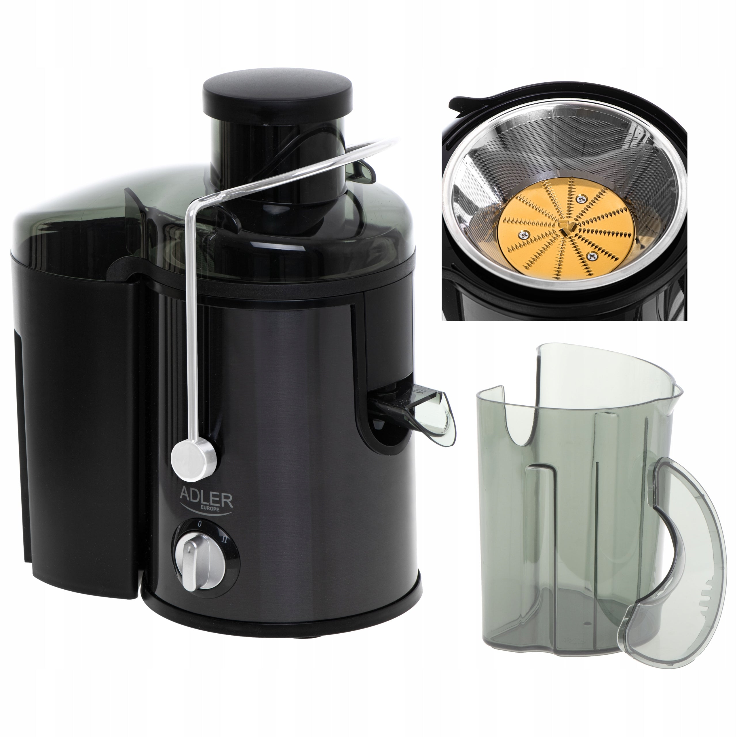 Juicer Adler 800W titanium blades, non-spill system, 1,5L/0,45L
