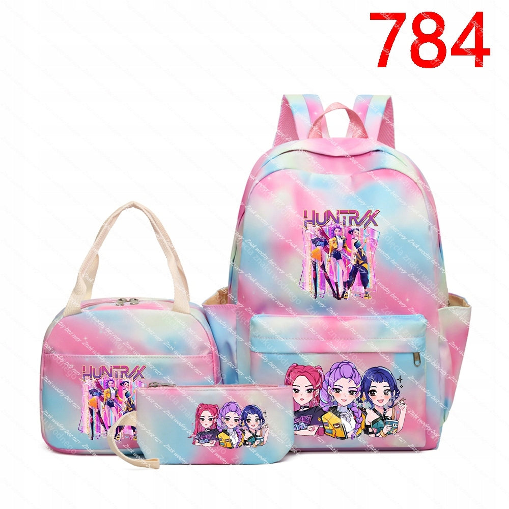 K-POP School backpack set (backpack, purse, case) with a bar pattern.