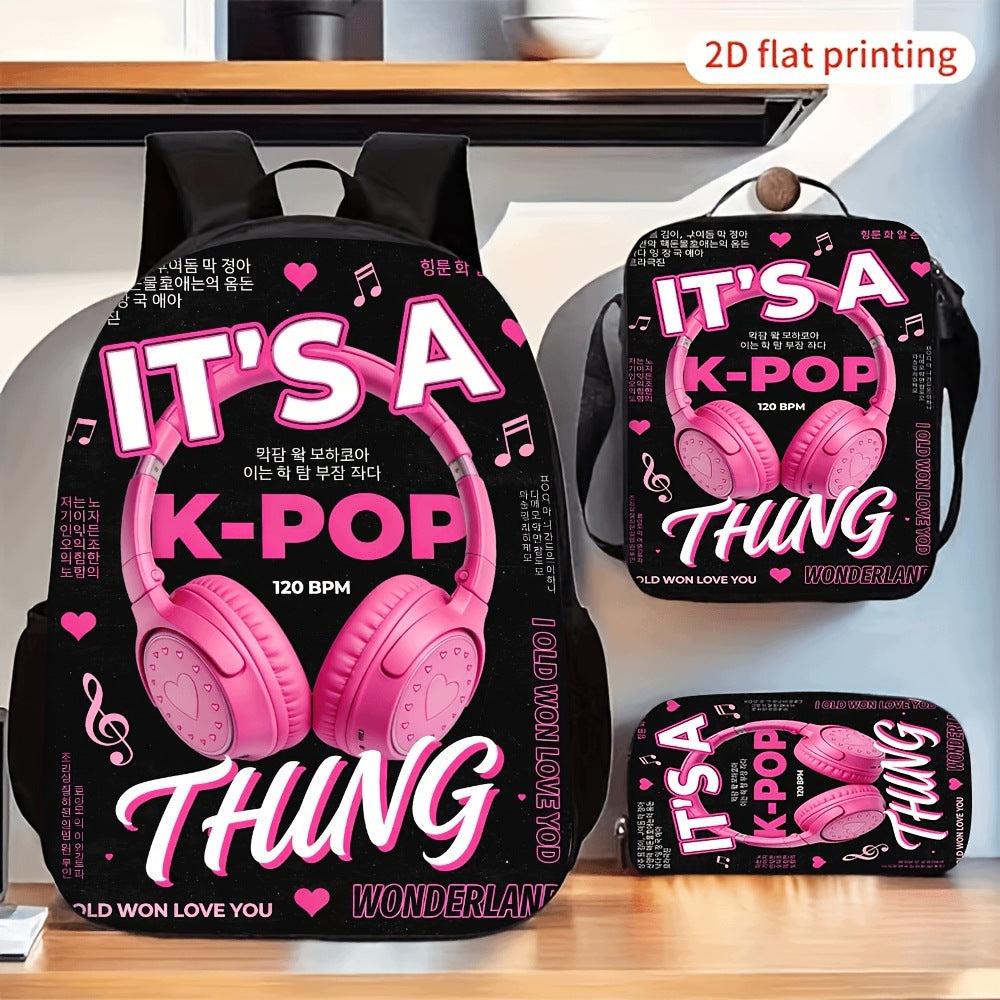 K-Pop Music Themed Backpack Set with Lunch Bag and Pencil Case