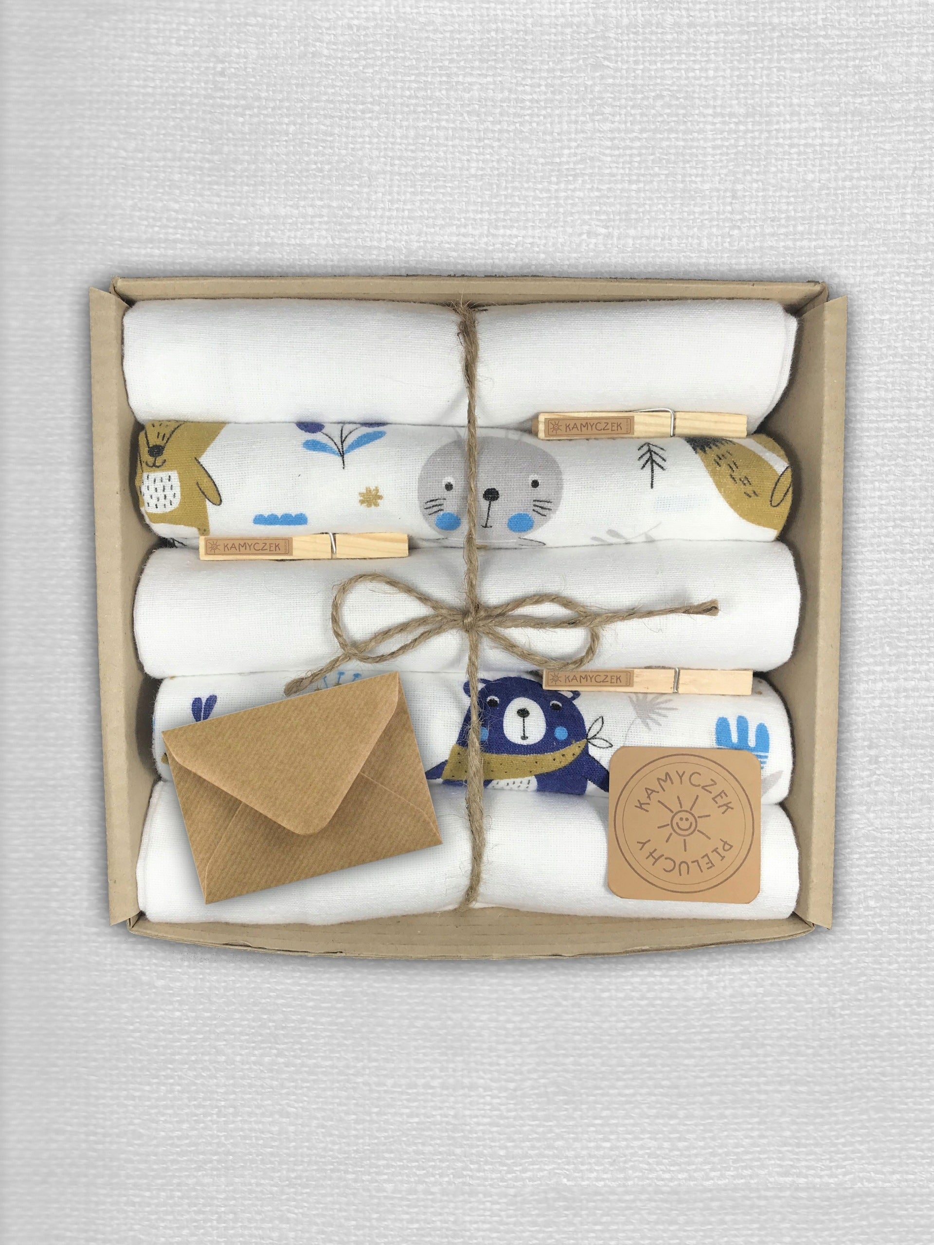 KAMYCZEK with ENVELOPE - BABY SHOWER - GIFT flannel diapers white color Packaging status original