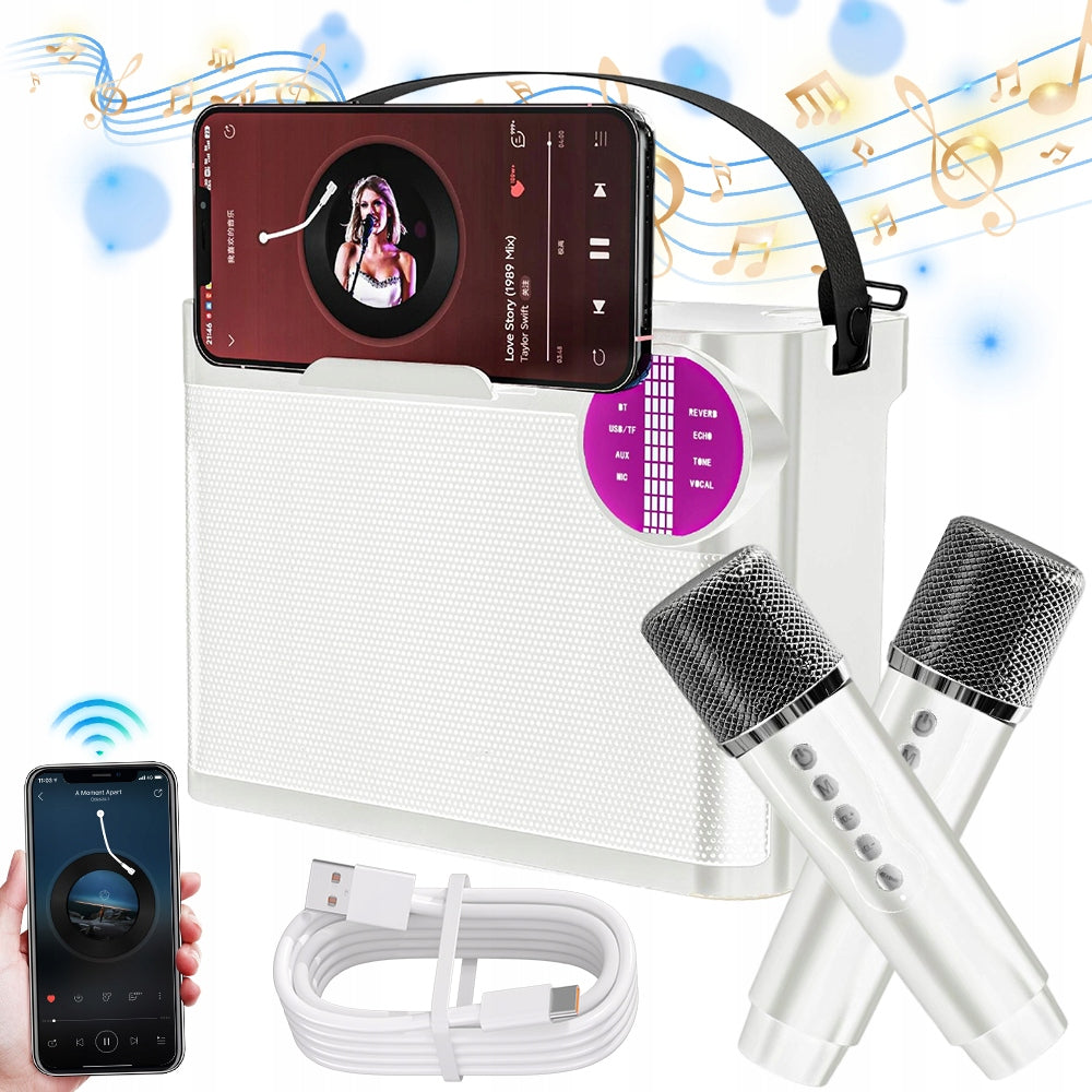 KARAOKE BLUETOOTH SPEAKER WITH 2 MICROPHONES, 5 EFFECTS, LED LIGHTS, WHITE