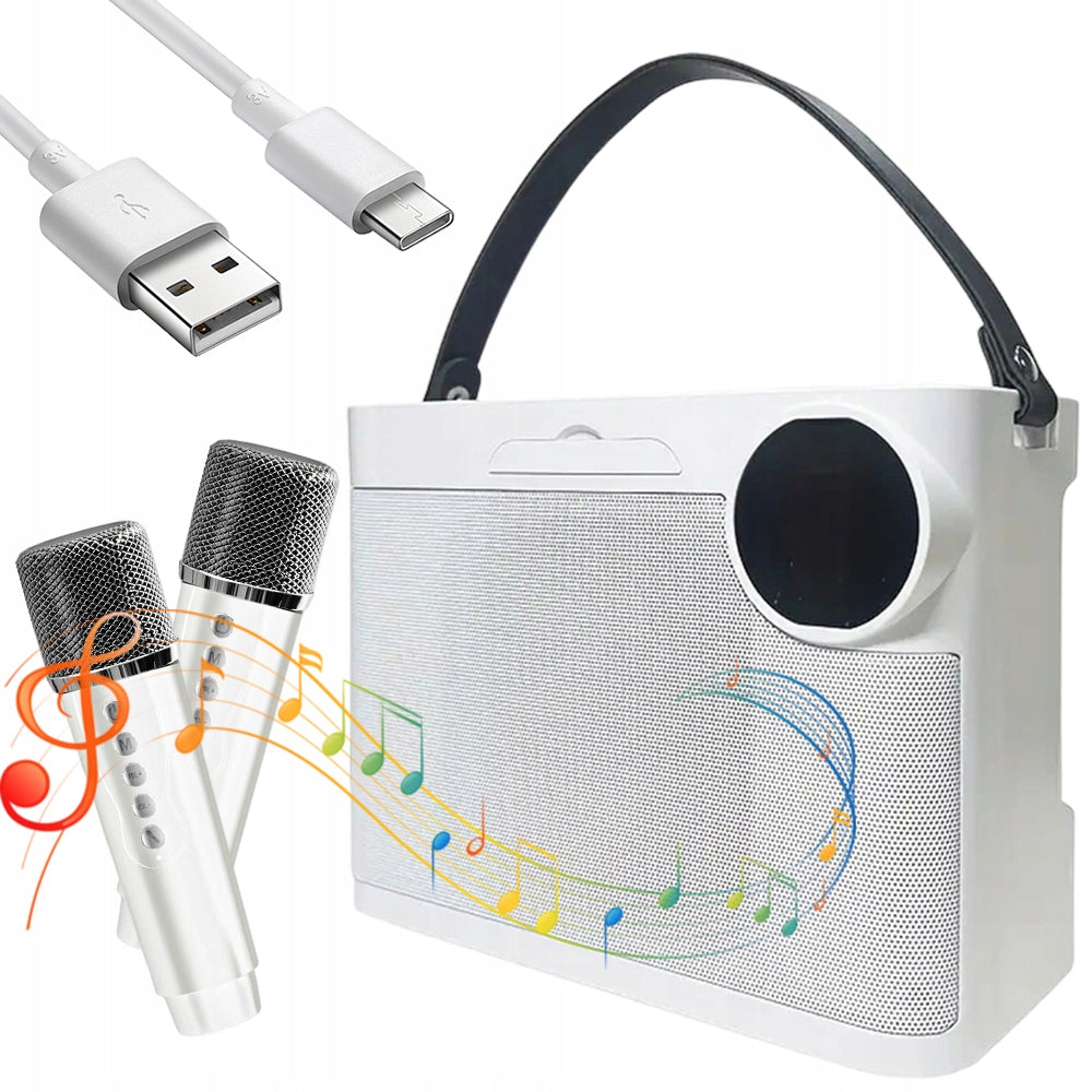 KARAOKE SET: BLUETOOTH SPEAKER, 2 MICROPHONES, 5 EFFECTS, STRAP, WHITE