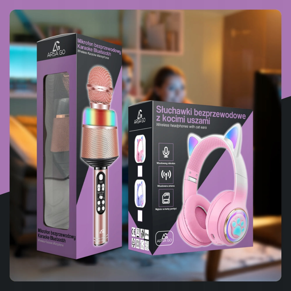 KARAOKE SET PREMIUM WIRELESS HEADPHONES LED RGB CAT EARS MICROPHONE Packaging status original