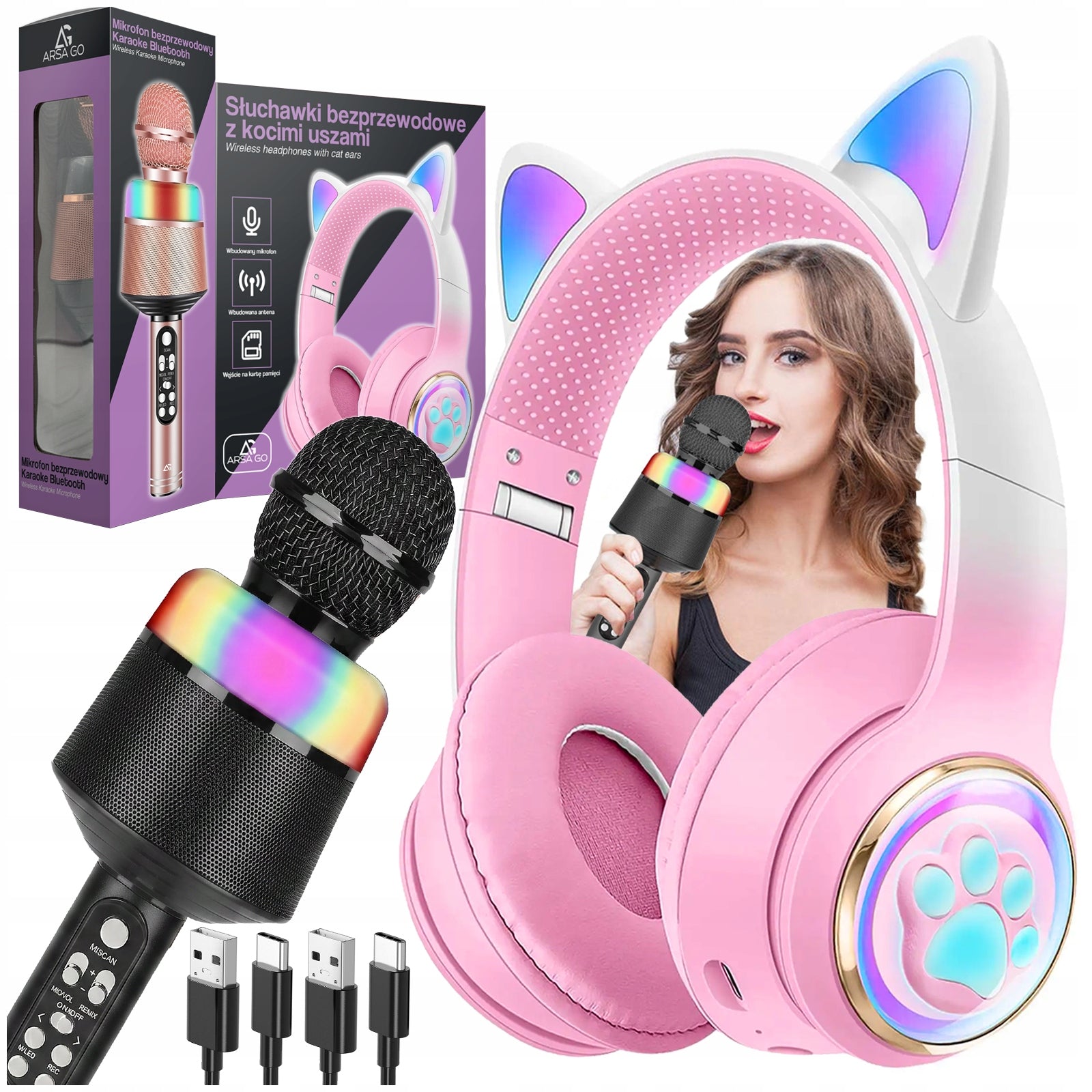 KARAOKE SET PREMIUM WIRELESS HEADPHONES LED RGB CAT EARS MICROPHONE
