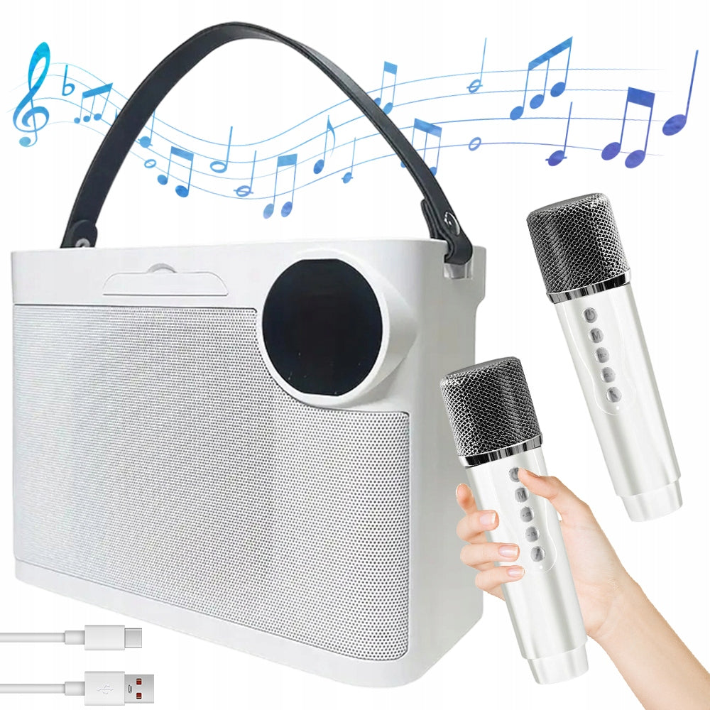 KARAOKE SPEAKER WITH 2 MICROPHONES, BLUETOOTH, WRIST STRAP, EFFECTS, WHITE