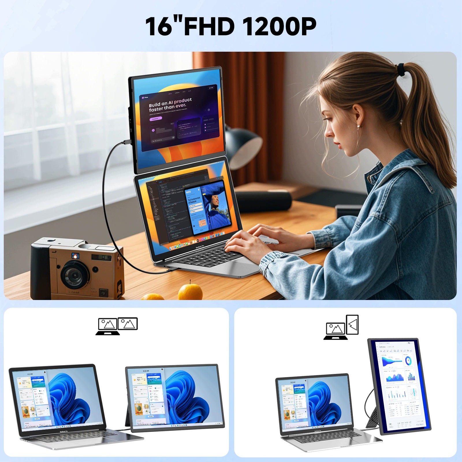 KEFEYA N2 Monitor przenośny 16'' 1200P IPS USB-C HDMI obrotowy Brand UPERFECT