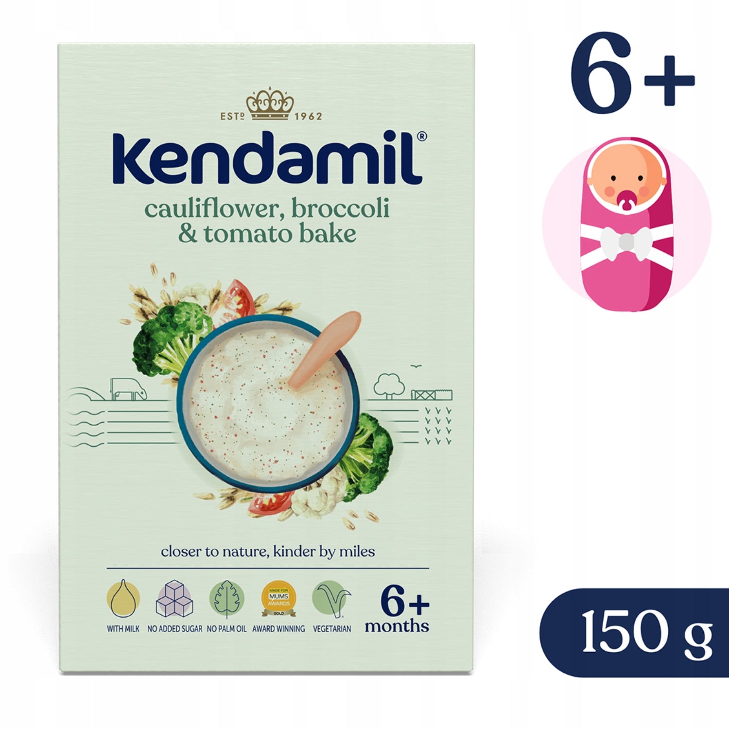 KENDAMIL CEREAL AND MILK PORRIDGE WITH BROCCOLI, CAULIFLOWER AND TOMATOES 150G Packaging status original