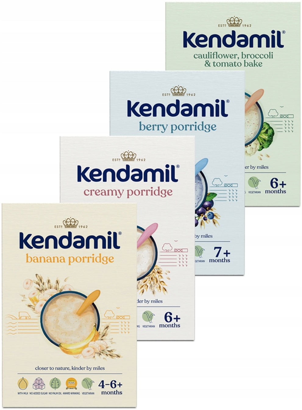KENDAMIL MILK PORRIDGE MIX 1x BANANA, 1x OATS, 1x FOREST FRUIT, 1x BROCCOLI