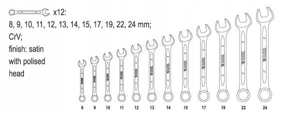 KEYS FLAT-EYE.12-PIECES 8-24MM POLISH. YATO Manufacturer code YT-0362