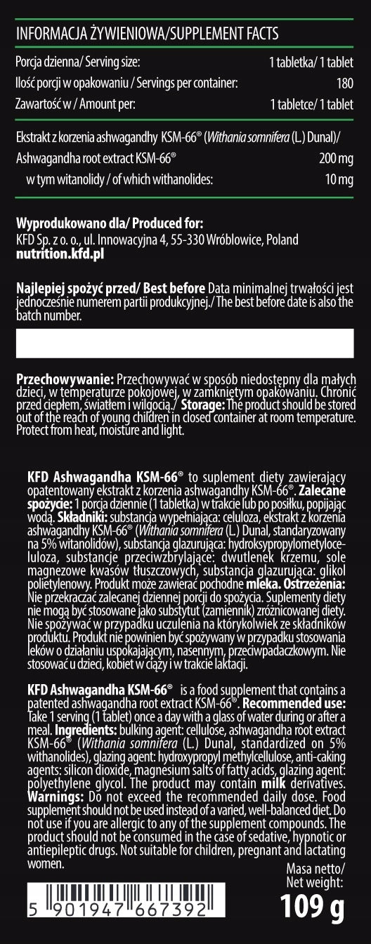 KFD ASHWAGANDHA KSM-66 ROOT EXTRACT MAX SERVING STRESS RELAXATION 180 KAPS Packaging status original