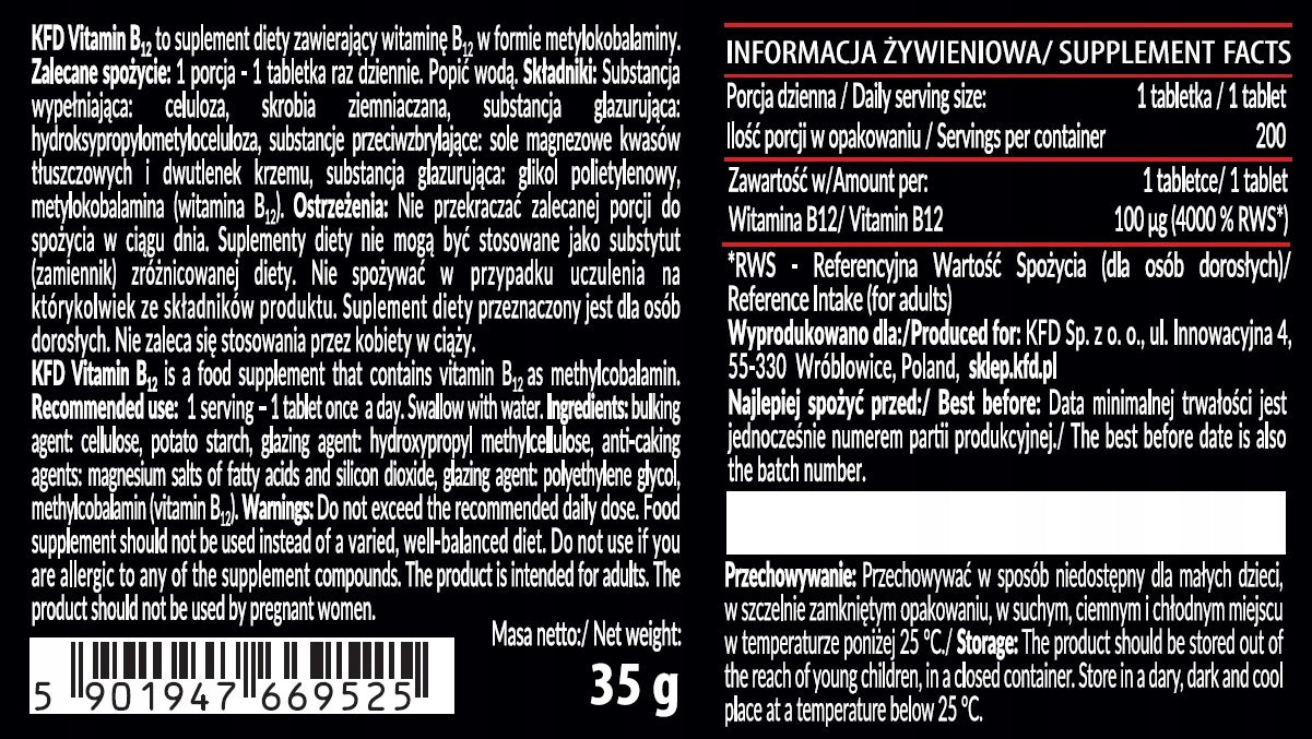 KFD B12 dietary supplement 200 tablets Expiration date not specified