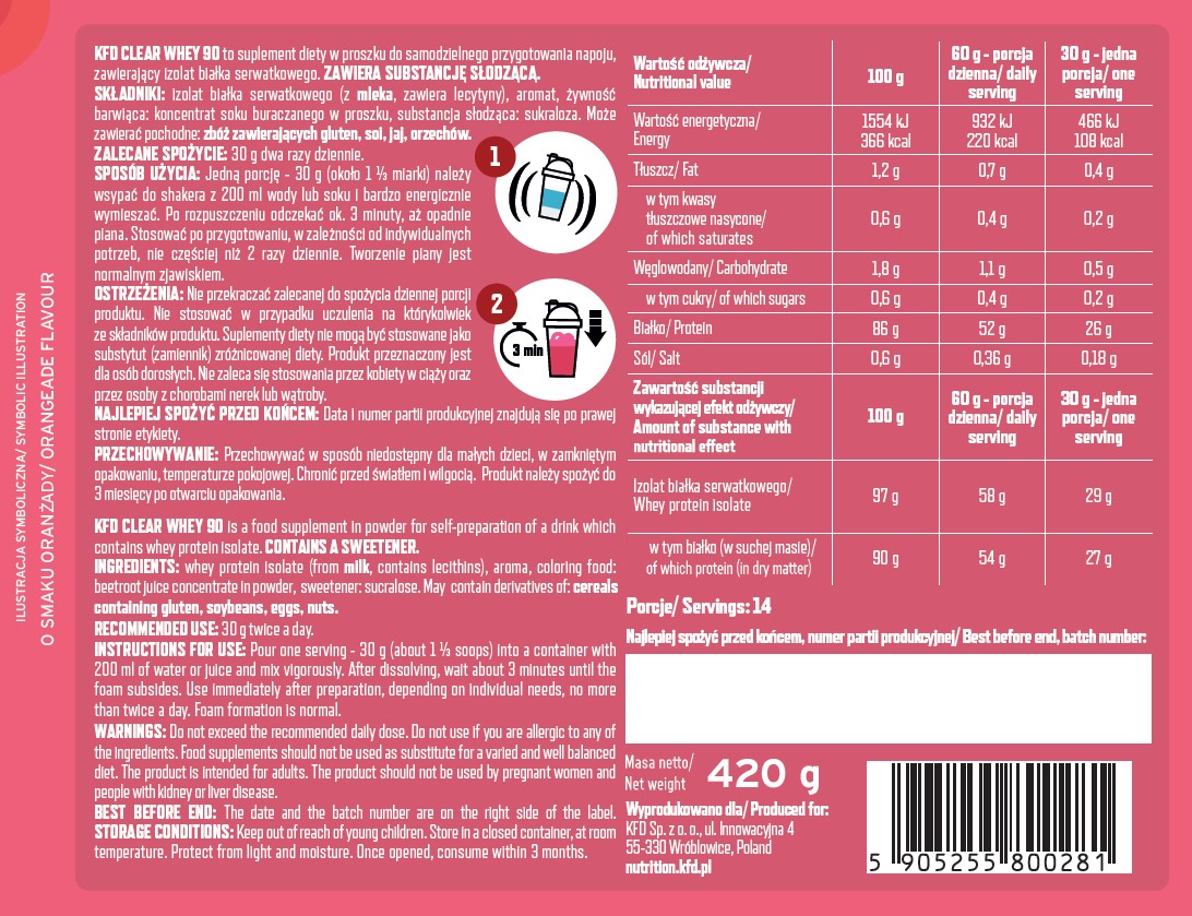 KFD CLEAR WHEY PROTEIN ISOLATE 420 G TASTE: SODA Expiration date at least 1 year from the date of purchase