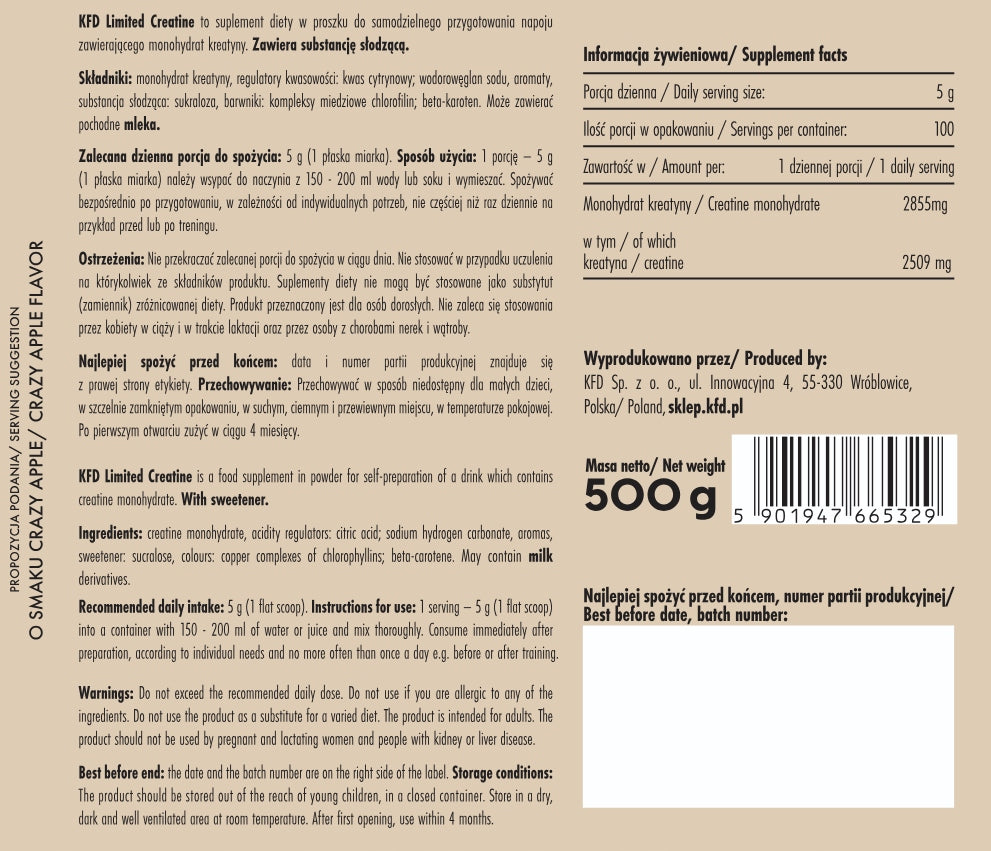 KFD Creatine 500 g Crazy Apple Expiration date at least six months from the date of purchase