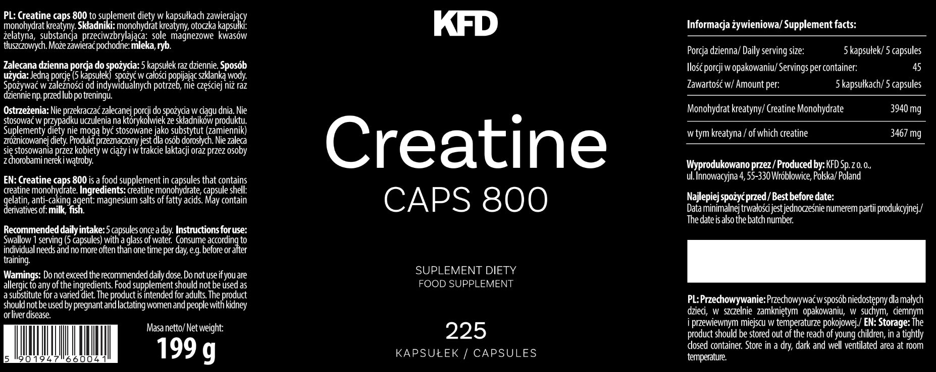 KFD Creatine Caps 800 225 capsules creatine monohydrate capsules Expiration date at least 1 year from the date of purchase