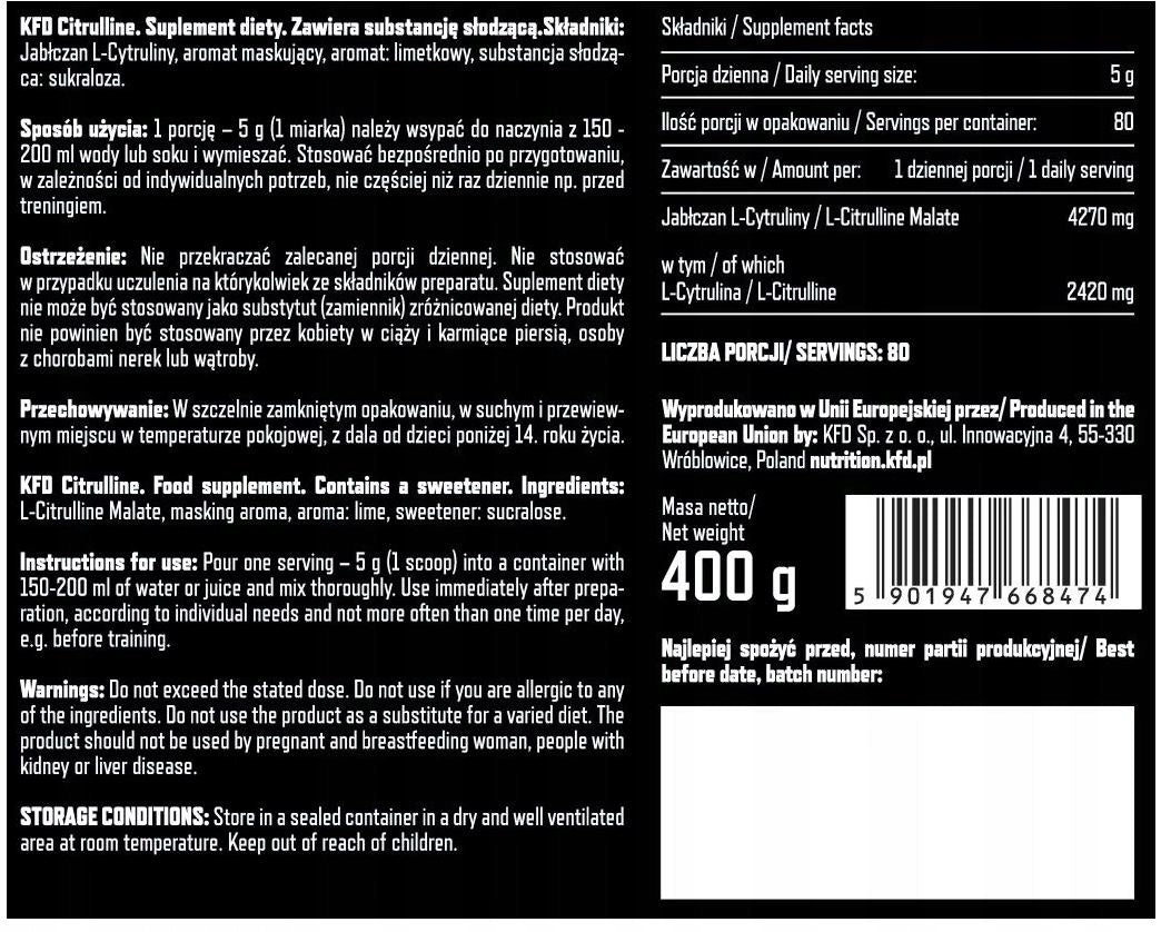 KFD PREMIUM CITRULLINE 400g CITRULLINE FLAVOUR LEMONADE LEMON FOR ATHLETES Brand KFD