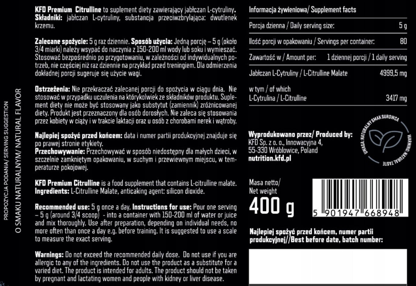 KFD PREMIUM CITRULLINE 400g CITRULLINE NATURAL FOR EXERCISERS WITHOUT SWEETENERS EAN (GTIN) 5901947668948