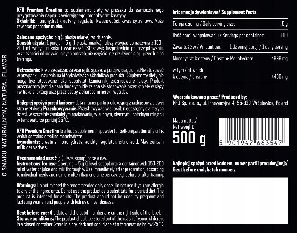 KFD PREMIUM CREATINE - 500 G CREATINE MONOHYDRATE - NATURAL Expiration date at least 1 year from the date of purchase