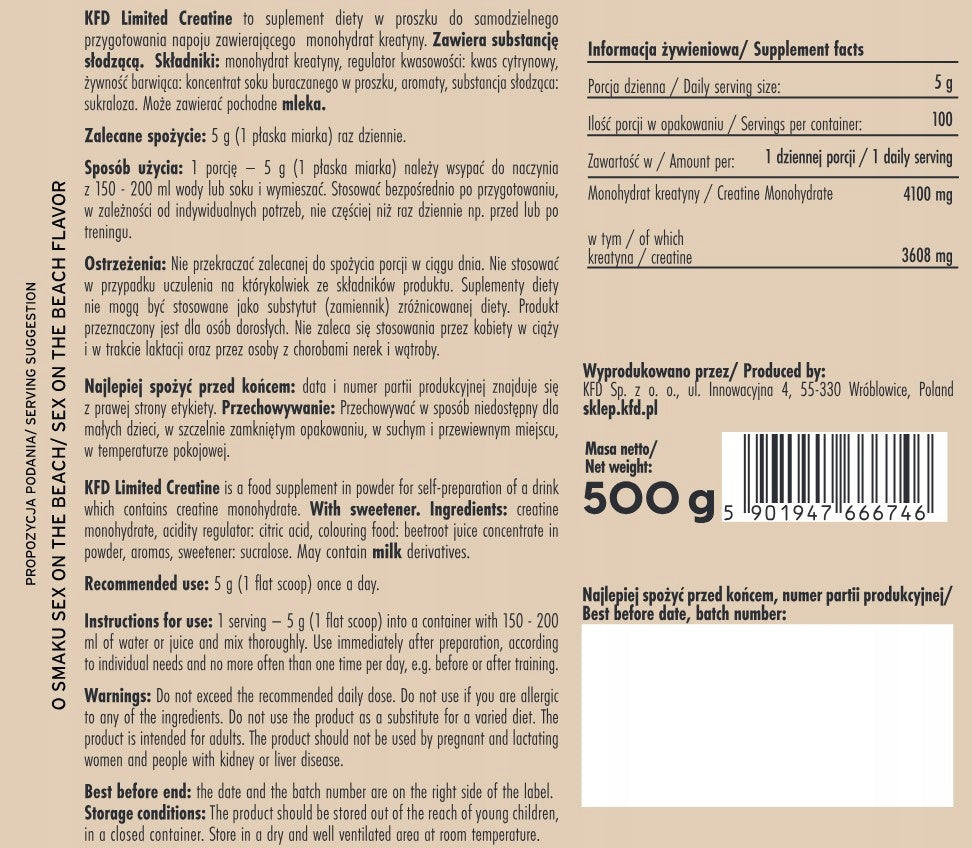 KFD PREMIUM CREATINE 500g Creatine Powder Monohydrate for 100 days Expiration date at least 1 year from the date of purchase