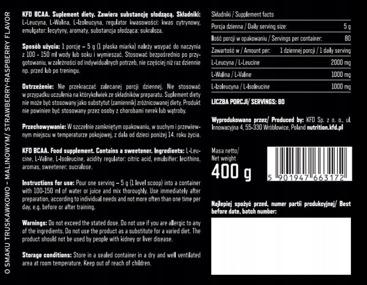KFD Premium BCAA 2:1:1 - 400g taste STRAWBERRY-RASPBERRY Expiration date at least six months from the date of purchase