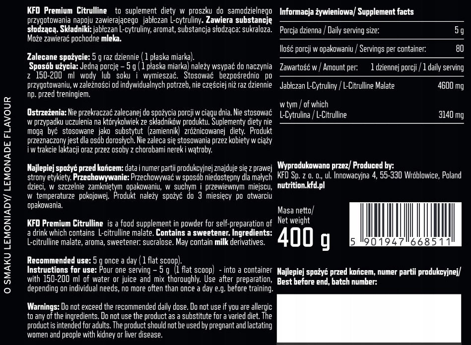 KFD Premium Citrulline 400g Lemonade Citrulline EAN (GTIN) 5901947668511