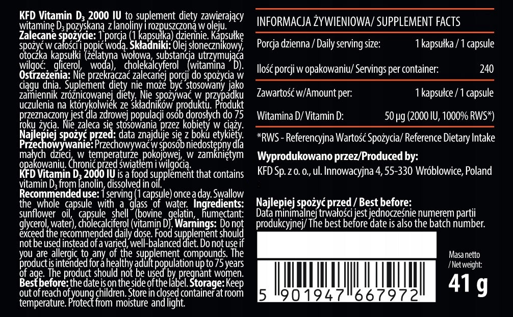 KFD VITAMIN D3 2000 IU (VITAMIN D3)- 240 KAPS EAN (GTIN) 5901947667972