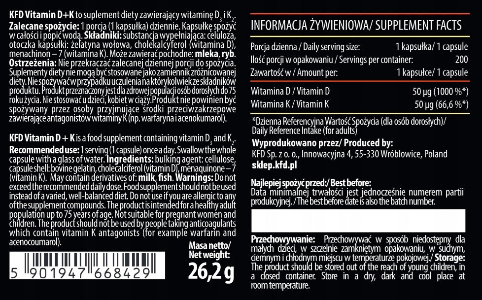 KFD VITAMIN D3+K2 (MK7) - 200 CAPSULES (200 SERVINGS) Manufacturer code 5901947668429